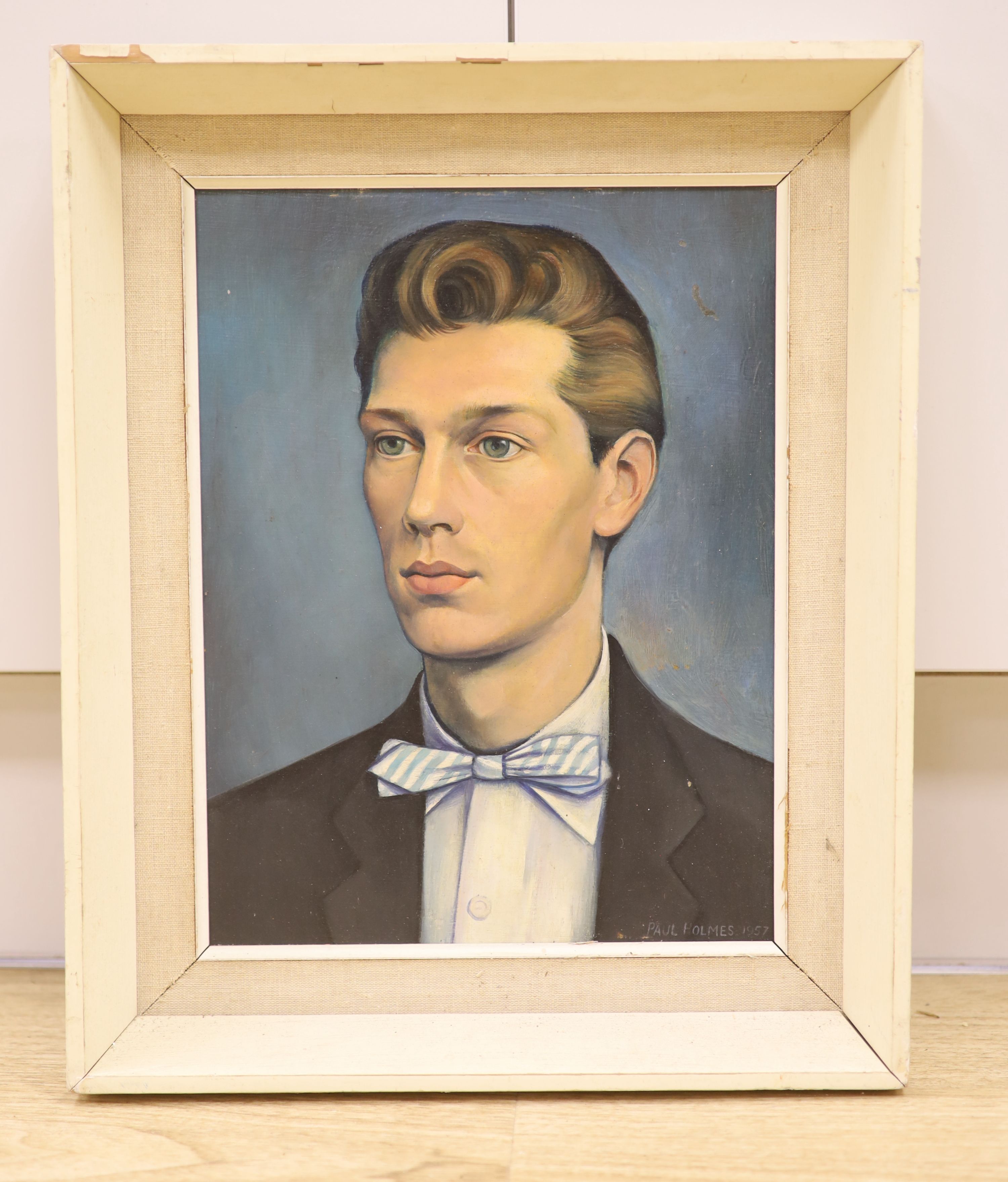 Paul B. Holmes, oil on board, Portrait of Mr Craig Pugh, signed and dated '57, 31 x 24cm